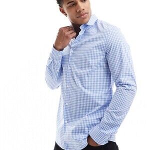 asos Men’s Long Sleeve Button Up Shirt Gingham Blue/White-L